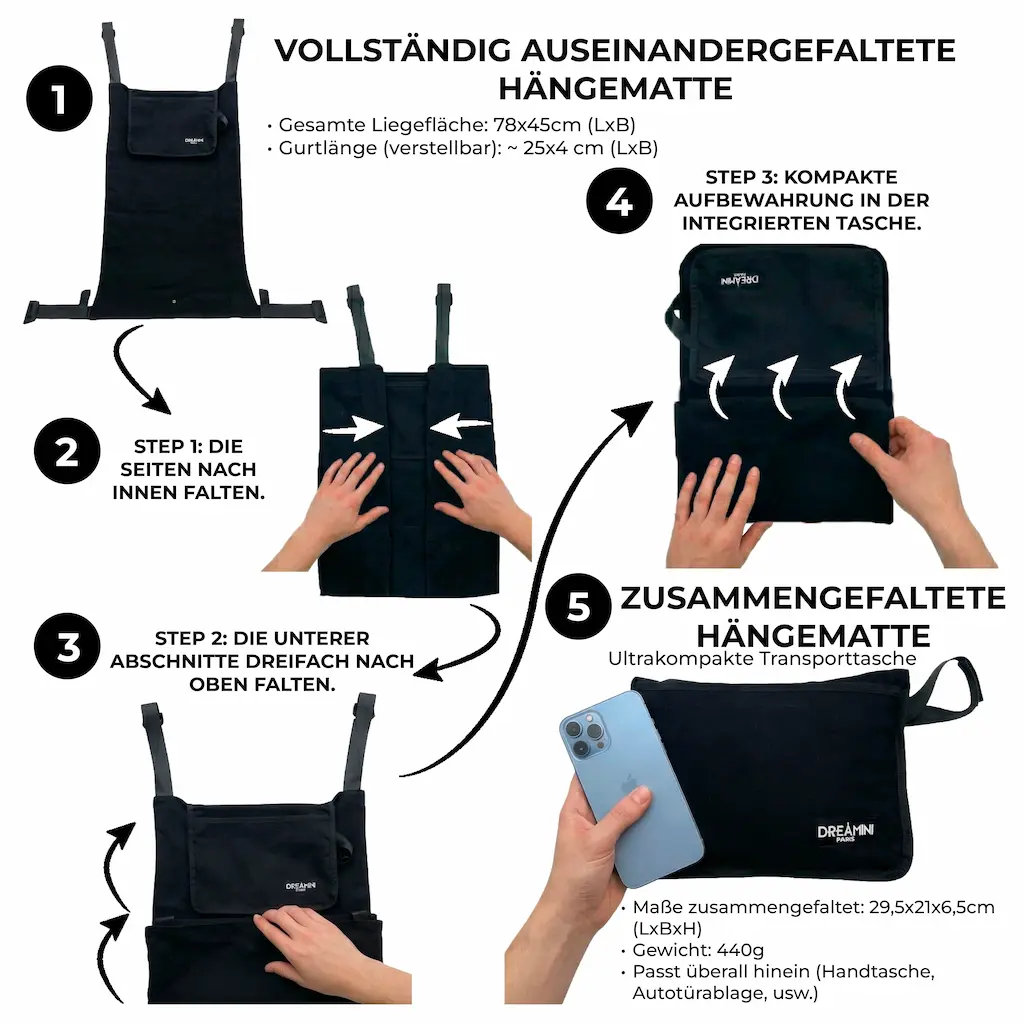 Dreamini Hängematte direkt mit dem Kinderwagen zusammengefaltet