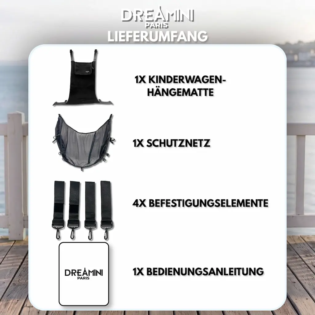 Kompletter Lieferumfang der Dreamini Kinderwagen-Hängematte