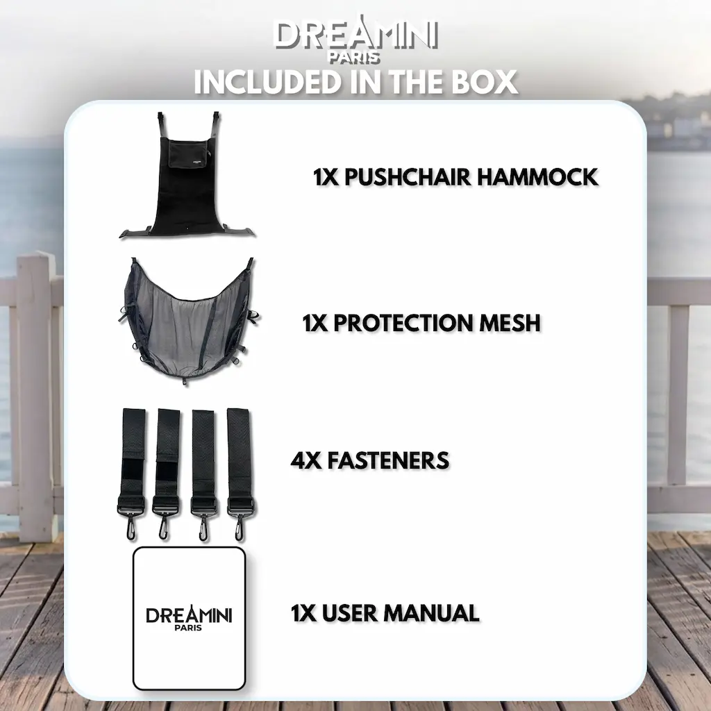 Complete box contents of the Dreamini stroller hammock